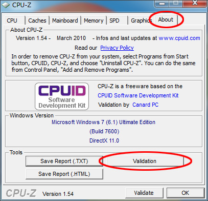 CPU-Zを起動し、[About]タブの[Validation]ボタンをクリックします